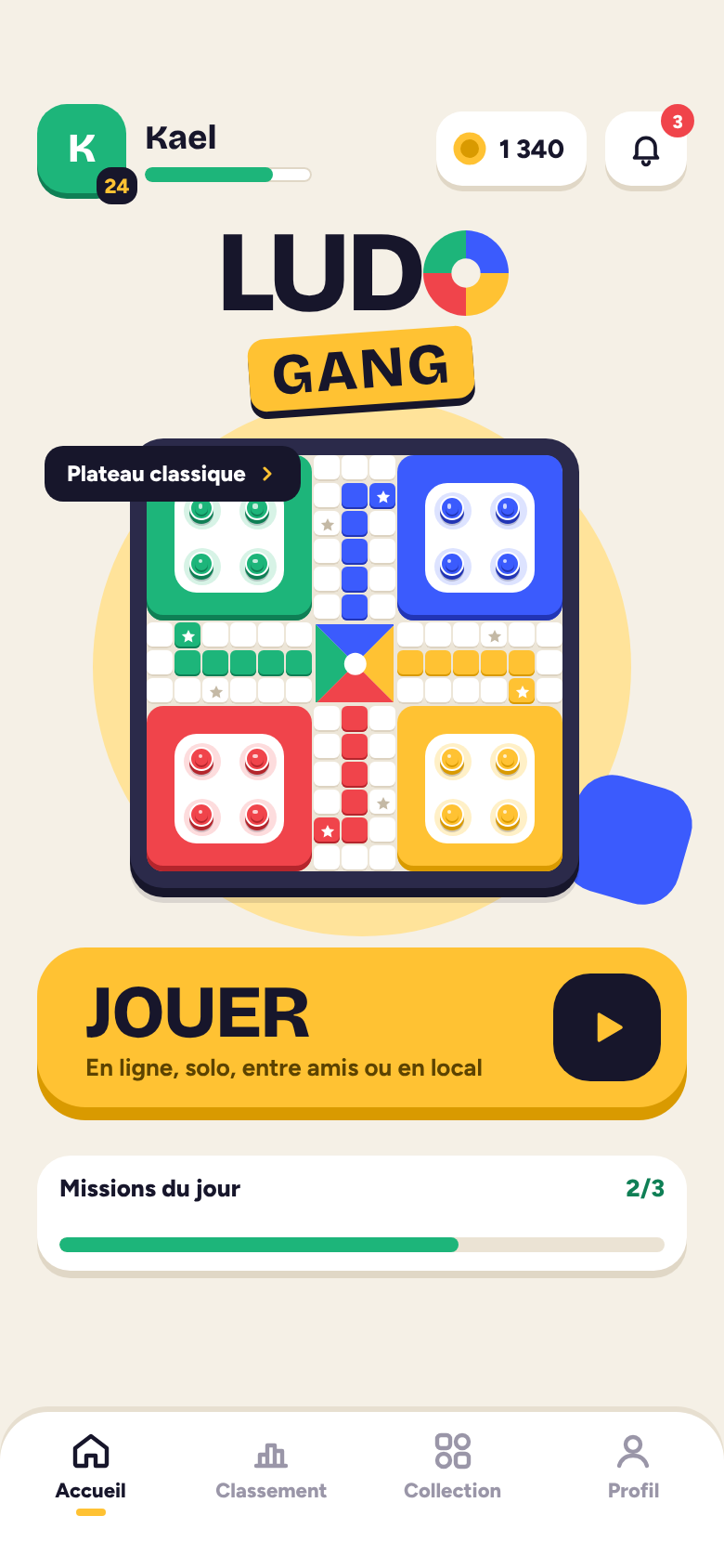 Écran d'accueil de Ludo Gang avec le plateau et le bouton Jouer