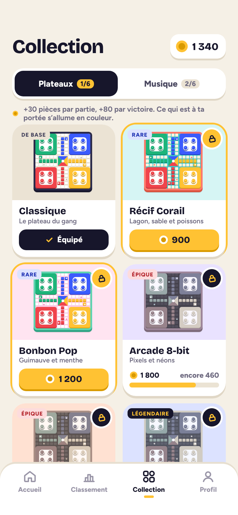 Collection de plateaux à débloquer avec les pièces