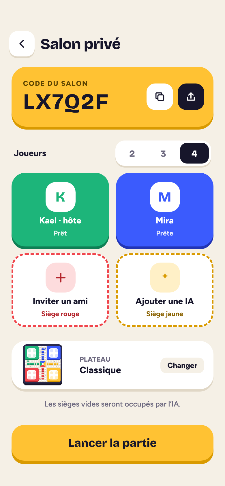 Salon privé avec le code à partager et les sièges des joueurs